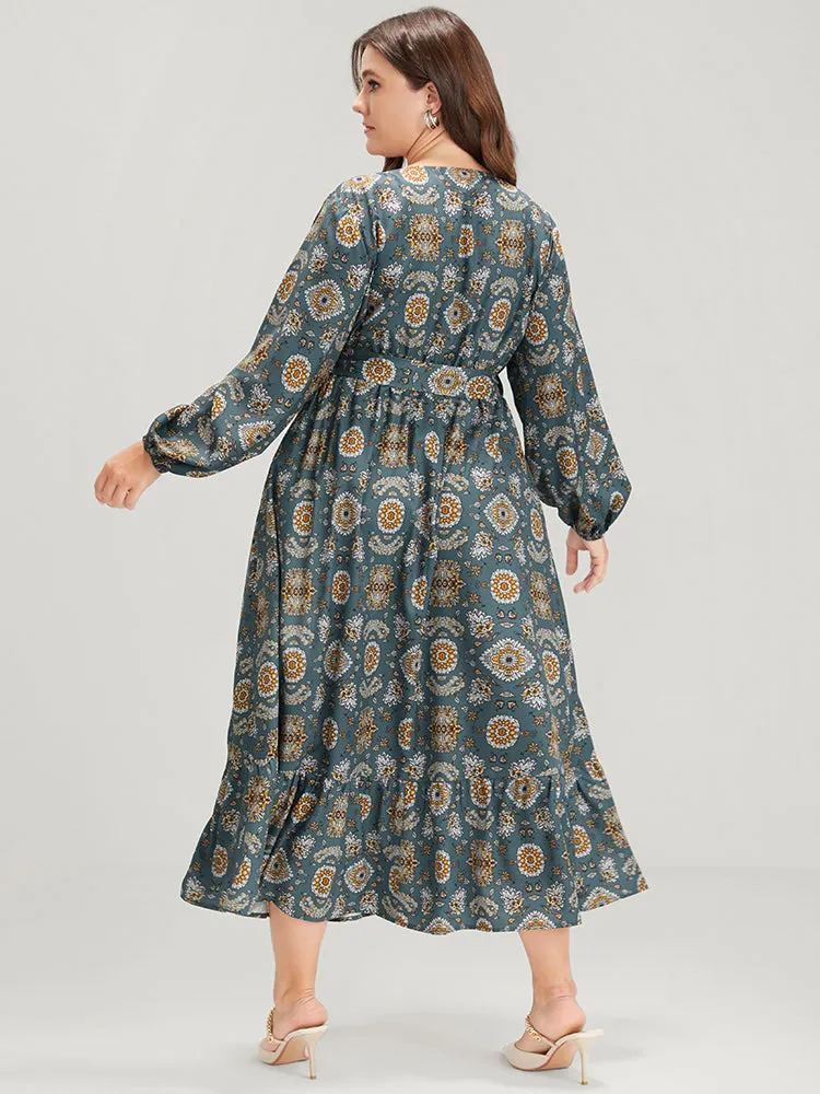 Bandana Lantern Sleeve Pocket Knotted Front Wrap Midi Dress sold by Bloomchic product image thumbnail 2