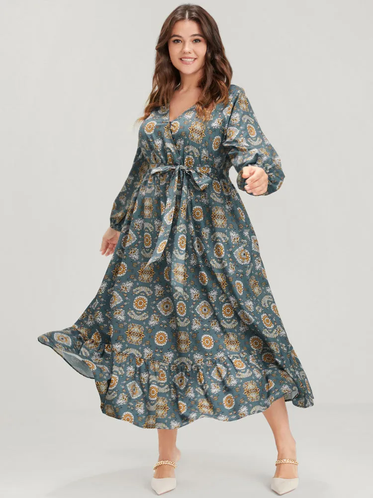 Bandana Lantern Sleeve Pocket Knotted Front Wrap Midi Dress sold by Bloomchic product image thumbnail 3