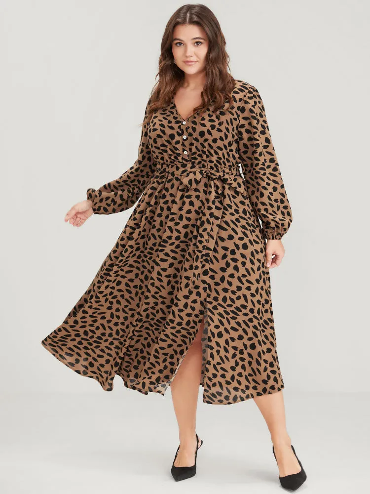 Allover Print Lantern Sleeve Split Pocket Belted Button Front Dress sold by Bloomchic product image thumbnail 5