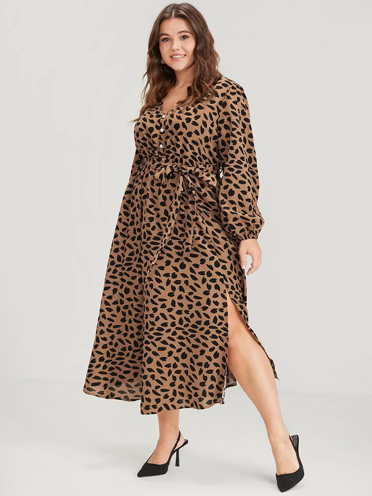 Allover Print Lantern Sleeve Split Pocket Belted Button Front Dress sold by Bloomchic product image thumbnail 3