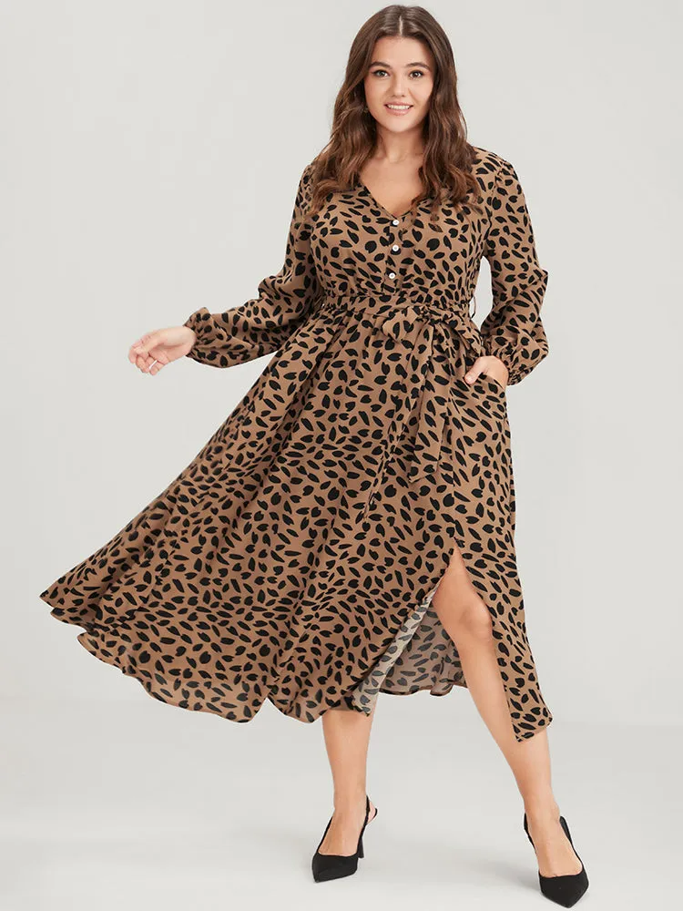 Allover Print Lantern Sleeve Split Pocket Belted Button Front Dress sold by Bloomchic product image thumbnail 4