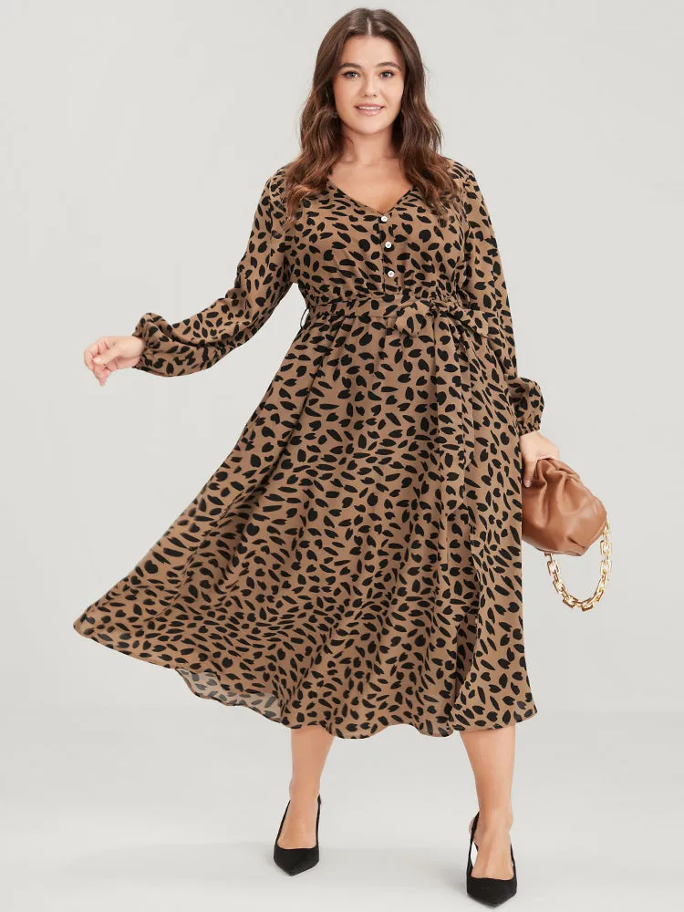 Allover Print Lantern Sleeve Split Pocket Belted Button Front Dress sold by Bloomchic