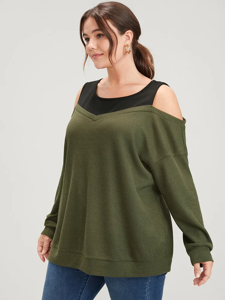 Colorblock Contrast Waffle Knit Cold Shoulder Sweatshirt sold by Bloomchic product image thumbnail 5