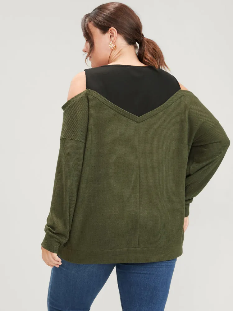 Colorblock Contrast Waffle Knit Cold Shoulder Sweatshirt sold by Bloomchic product image thumbnail 2