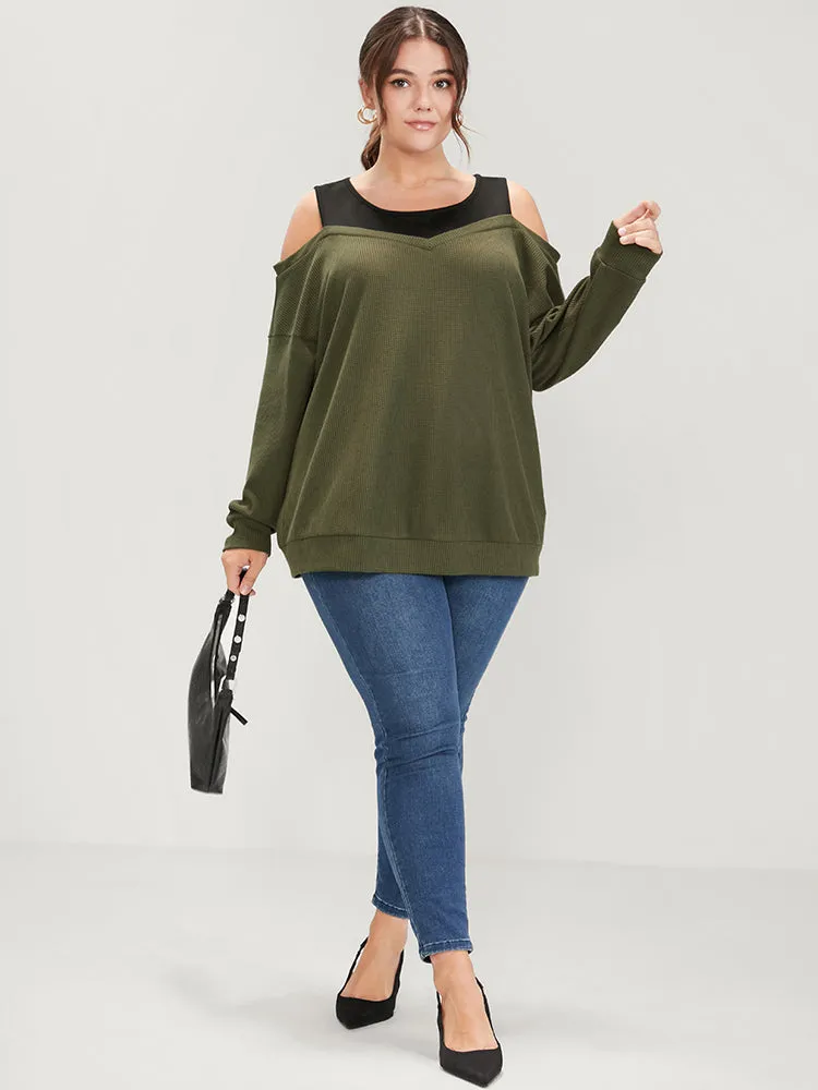 Colorblock Contrast Waffle Knit Cold Shoulder Sweatshirt sold by Bloomchic product image thumbnail 3