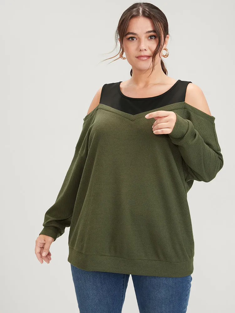 Colorblock Contrast Waffle Knit Cold Shoulder Sweatshirt sold by Bloomchic product image thumbnail 4