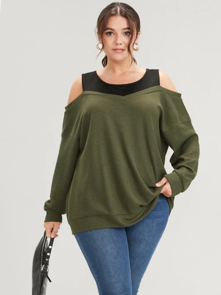 Colorblock Contrast Waffle Knit Cold Shoulder Sweatshirt sold by Bloomchic