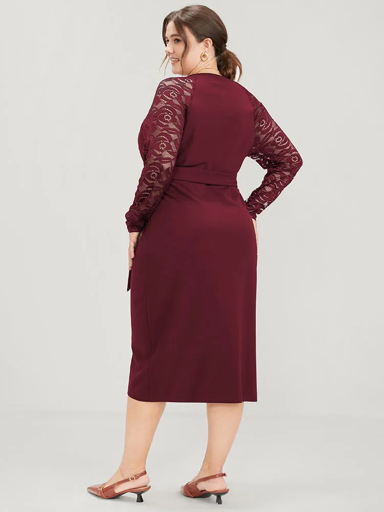 Solid Button Eyelet Lace Belted Wrap Knee Dress sold by Bloomchic product image thumbnail 2