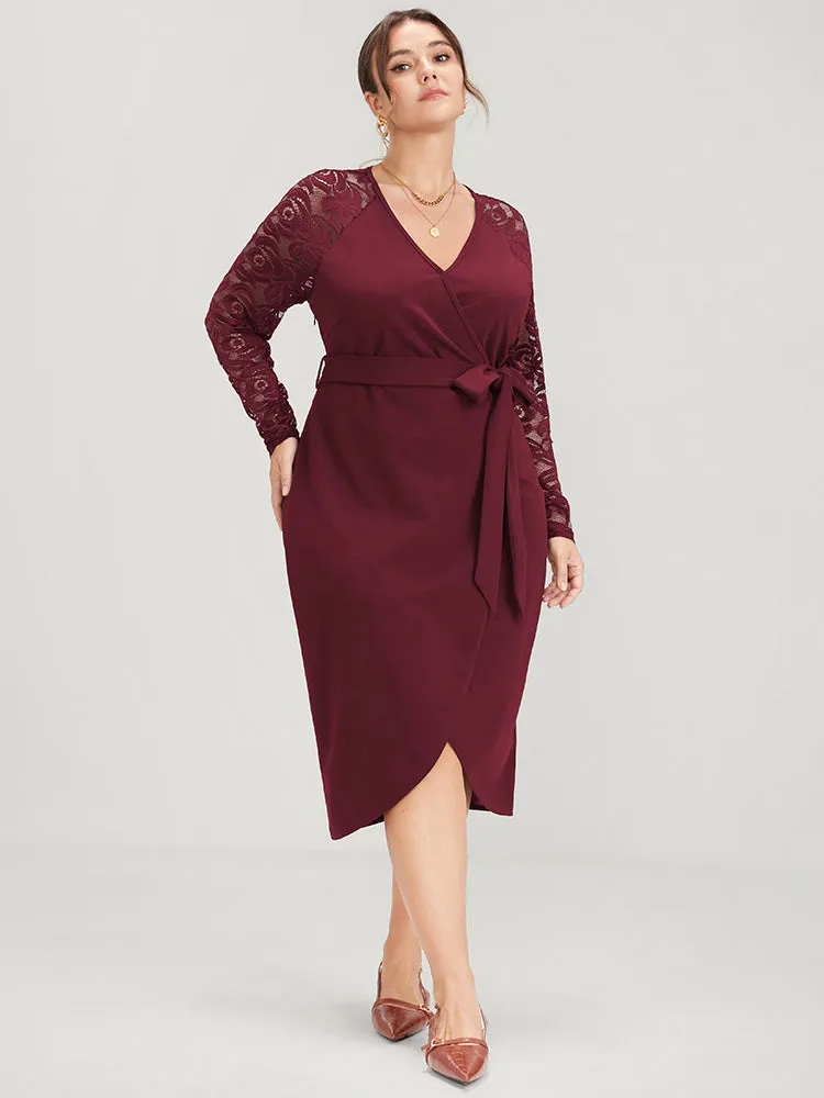 Solid Button Eyelet Lace Belted Wrap Knee Dress sold by Bloomchic product image thumbnail 3