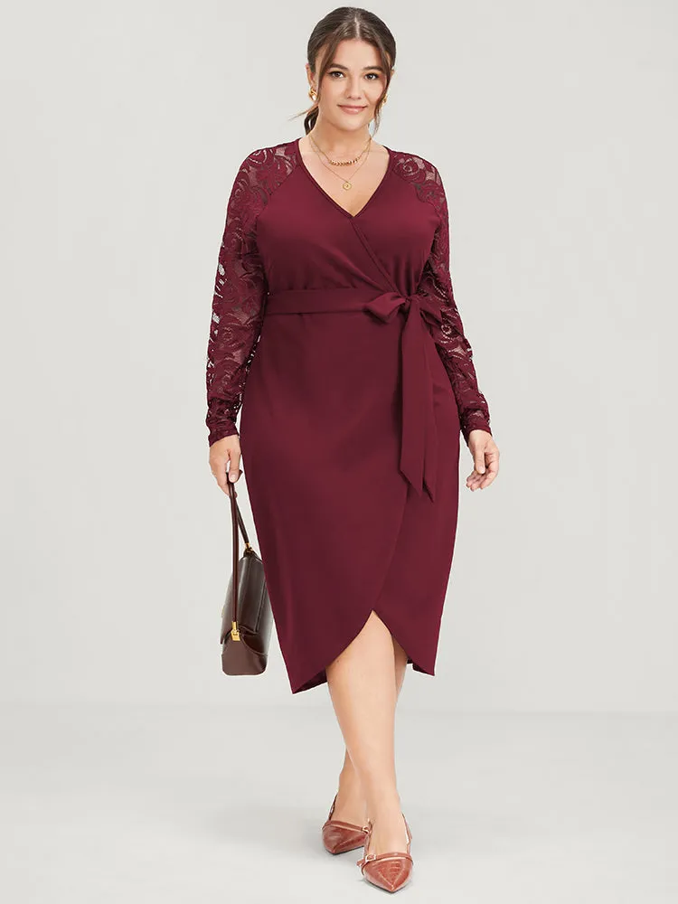 Solid Button Eyelet Lace Belted Wrap Knee Dress sold by Bloomchic product image thumbnail 4