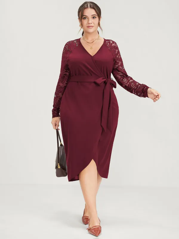 Solid Button Eyelet Lace Belted Wrap Knee Dress sold by Bloomchic