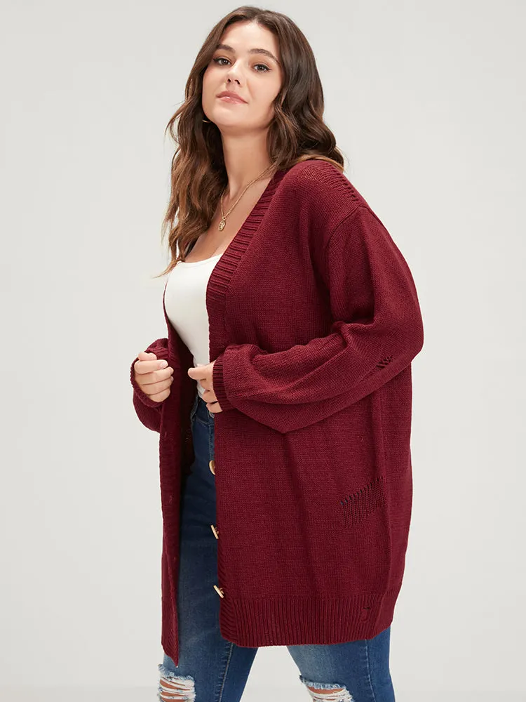 Solid Pointelle Knit Distressed Button Front Mid Long Cardigan sold by Bloomchic product image thumbnail 2