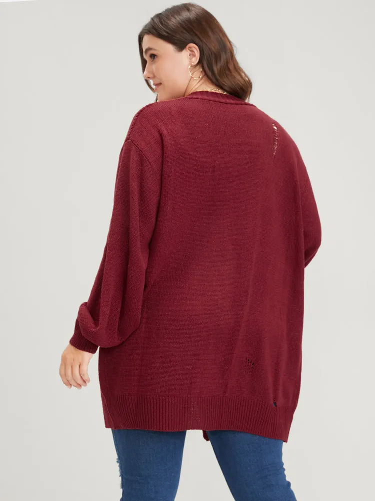 Solid Pointelle Knit Distressed Button Front Mid Long Cardigan sold by Bloomchic product image thumbnail 5