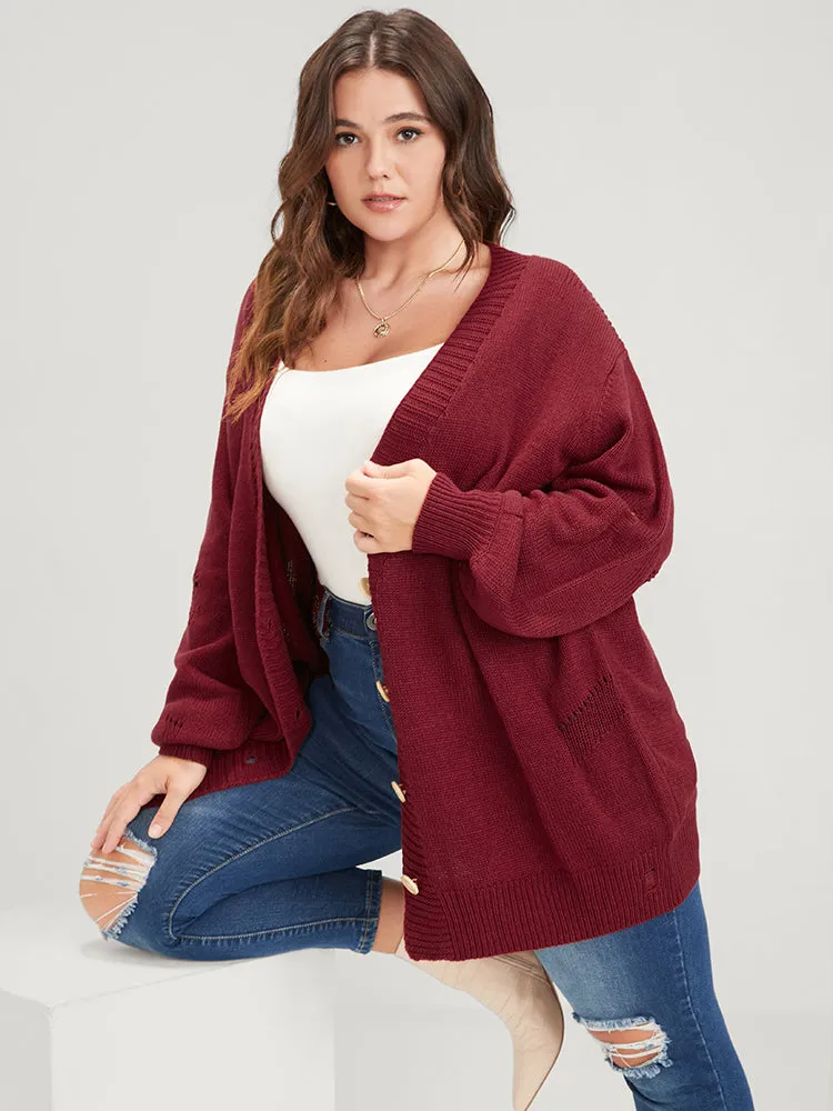 Solid Pointelle Knit Distressed Button Front Mid Long Cardigan sold by Bloomchic product image thumbnail 3