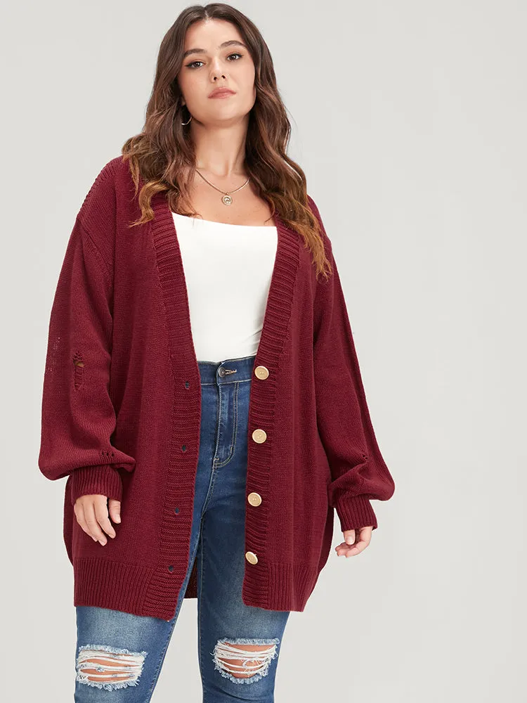 Solid Pointelle Knit Distressed Button Front Mid Long Cardigan sold by Bloomchic