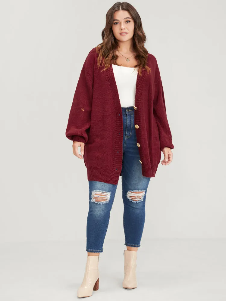 Solid Pointelle Knit Distressed Button Front Mid Long Cardigan sold by Bloomchic product image thumbnail 4