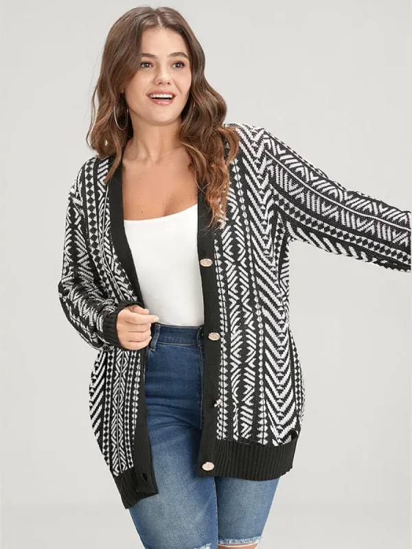Bandana Geometric Pointelle Knit Contrast Button Front Cardigan sold by Bloomchic