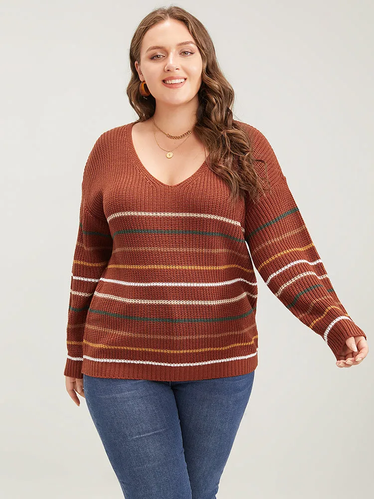 Striped Contrast Pointelle Knit V Neck Knit Top sold by Bloomchic