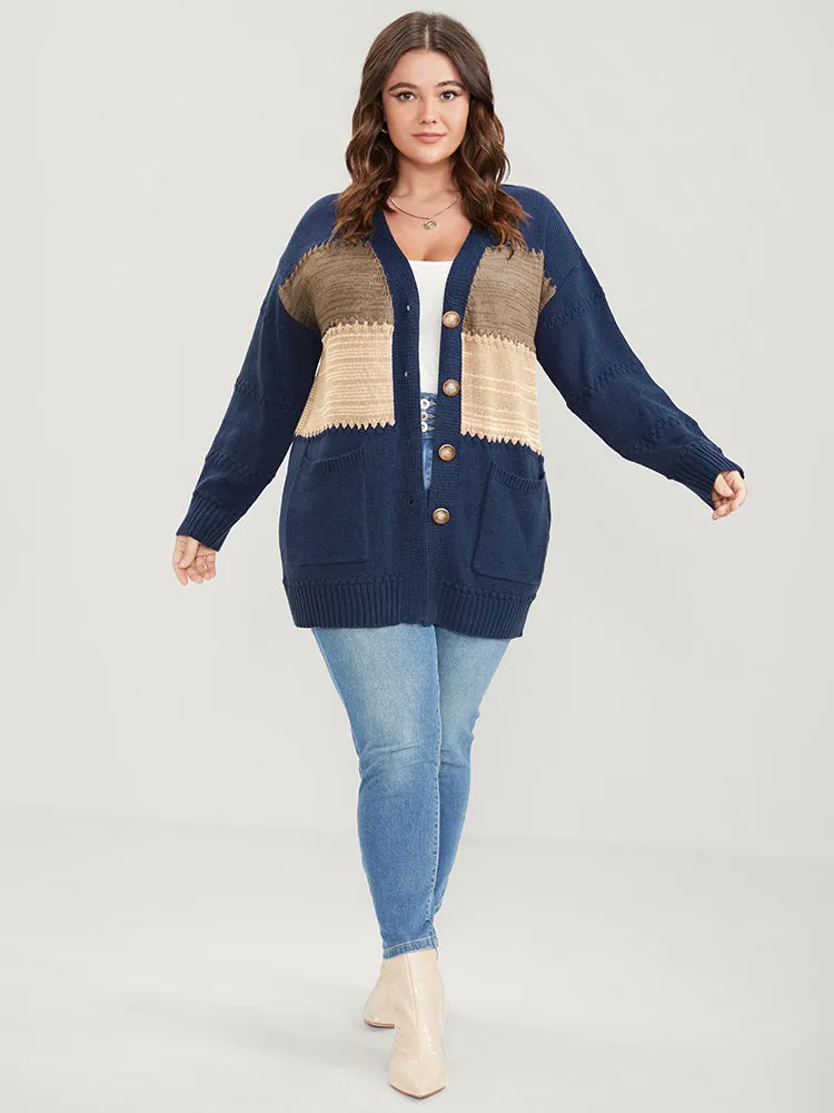 Colorblock Contrast Pointelle Knit Pocket Jacquard Button Front Cardigan sold by Bloomchic product image thumbnail 4