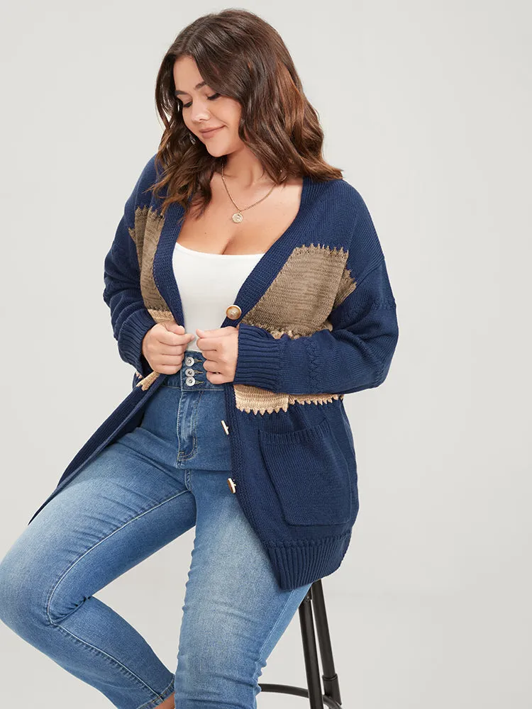 Colorblock Contrast Pointelle Knit Pocket Jacquard Button Front Cardigan sold by Bloomchic