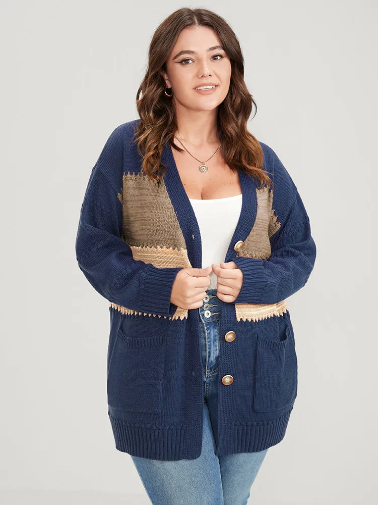 Colorblock Contrast Pointelle Knit Pocket Jacquard Button Front Cardigan sold by Bloomchic product image thumbnail 3