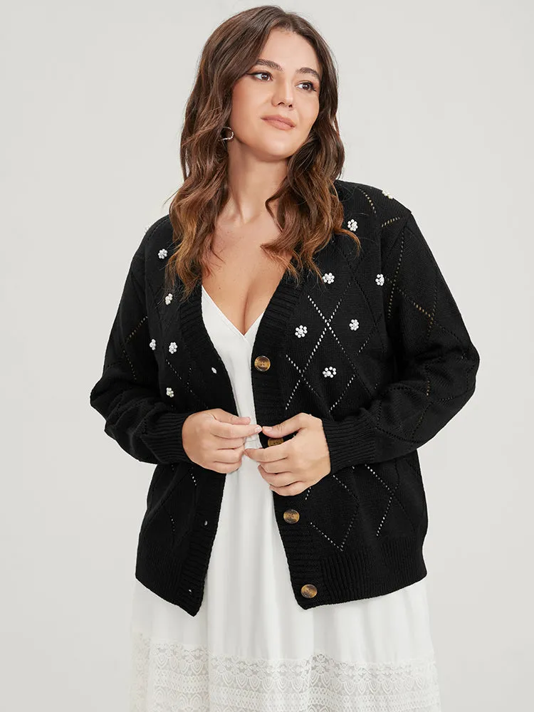 Solid Pointelle Knit Pearl Beaded Crochet Button Front Cardigan sold by Bloomchic