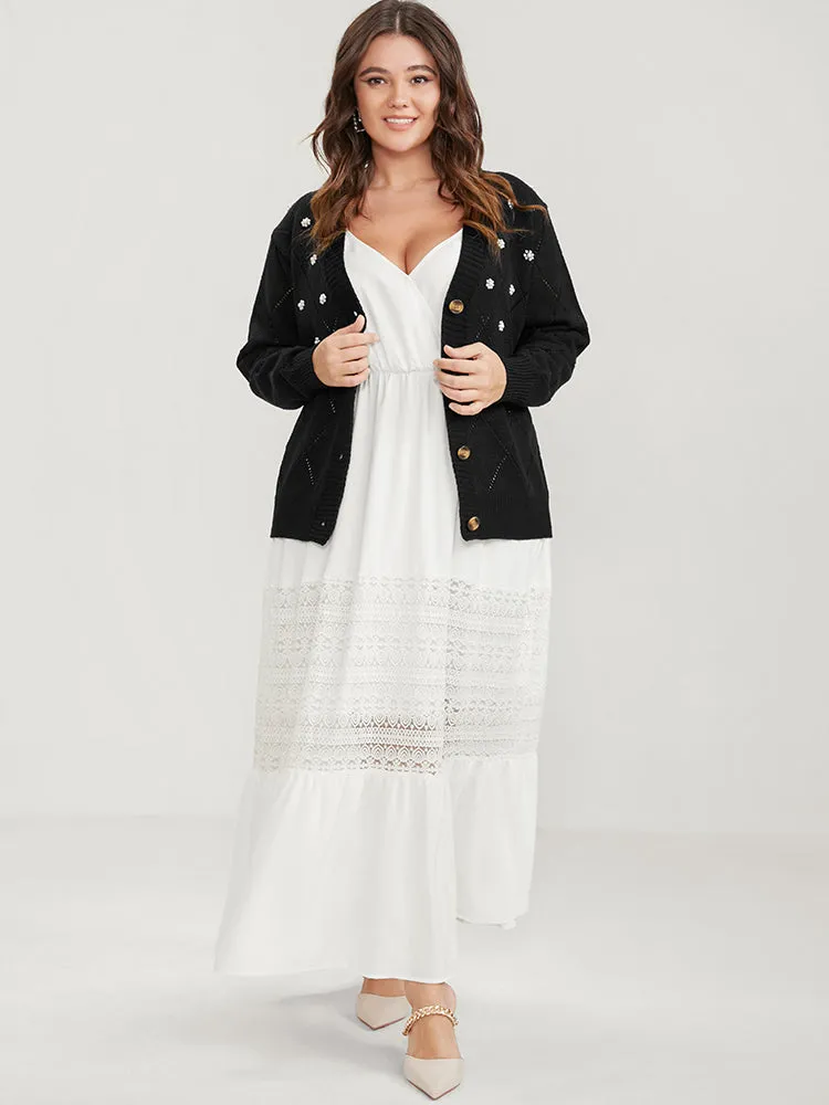 Solid Pointelle Knit Pearl Beaded Crochet Button Front Cardigan sold by Bloomchic product image thumbnail 5