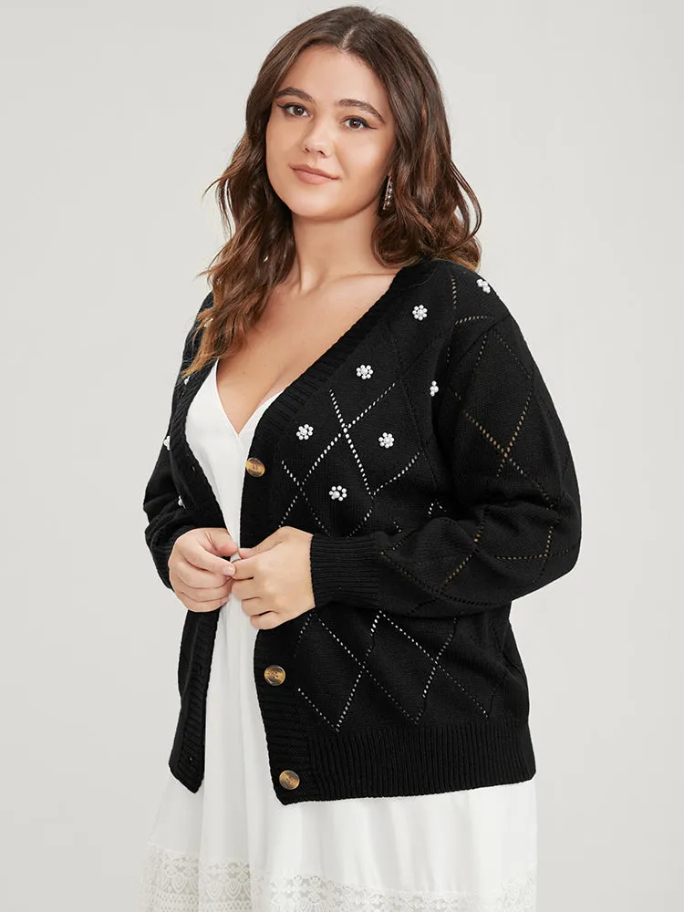 Solid Pointelle Knit Pearl Beaded Crochet Button Front Cardigan sold by Bloomchic product image thumbnail 2