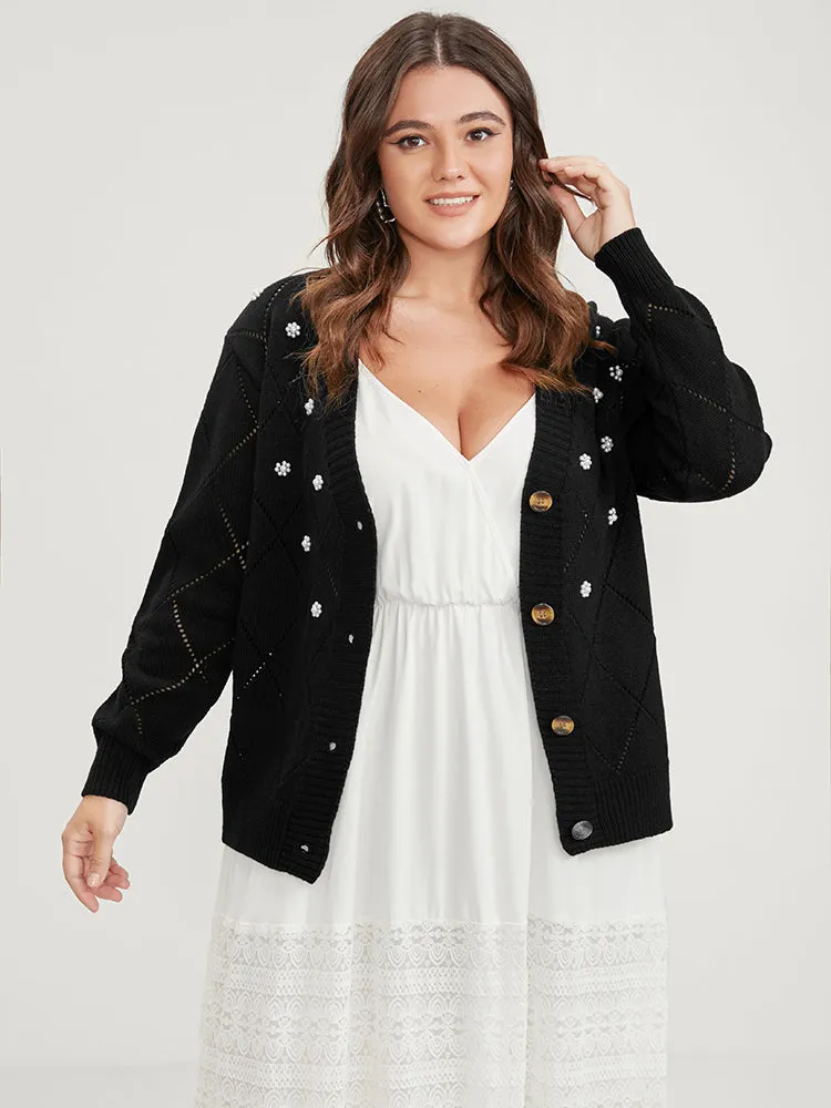 Solid Pointelle Knit Pearl Beaded Crochet Button Front Cardigan sold by Bloomchic product image thumbnail 3
