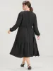 Solid Lace Patch Lantern Sleeve Pocket Button Ruffle Hem Dress sold by Bloomchic