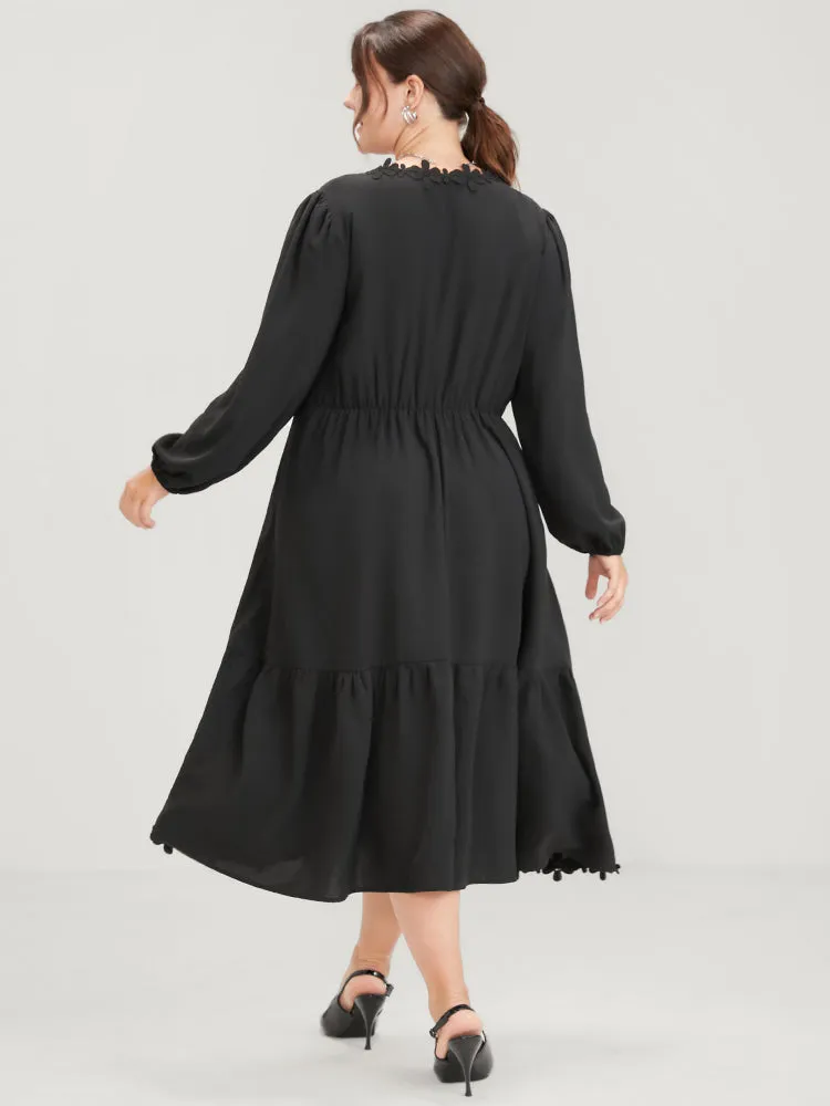 Solid Lace Patch Lantern Sleeve Pocket Button Ruffle Hem Dress sold by Bloomchic product image thumbnail 4