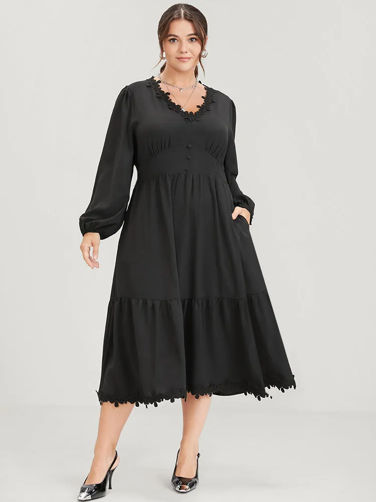 Solid Lace Patch Lantern Sleeve Pocket Button Ruffle Hem Dress sold by Bloomchic
