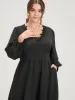 Solid Lace Patch Lantern Sleeve Pocket Button Ruffle Hem Dress sold by Bloomchic