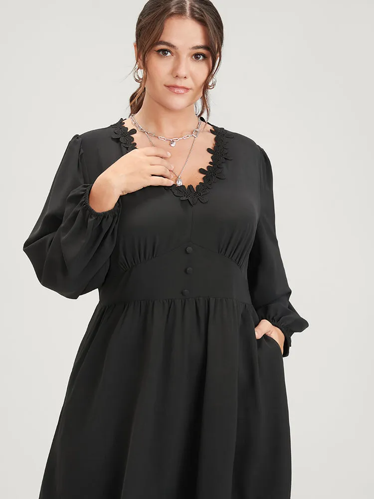 Solid Lace Patch Lantern Sleeve Pocket Button Ruffle Hem Dress sold by Bloomchic product image thumbnail 5