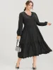 Solid Lace Patch Lantern Sleeve Pocket Button Ruffle Hem Dress sold by Bloomchic