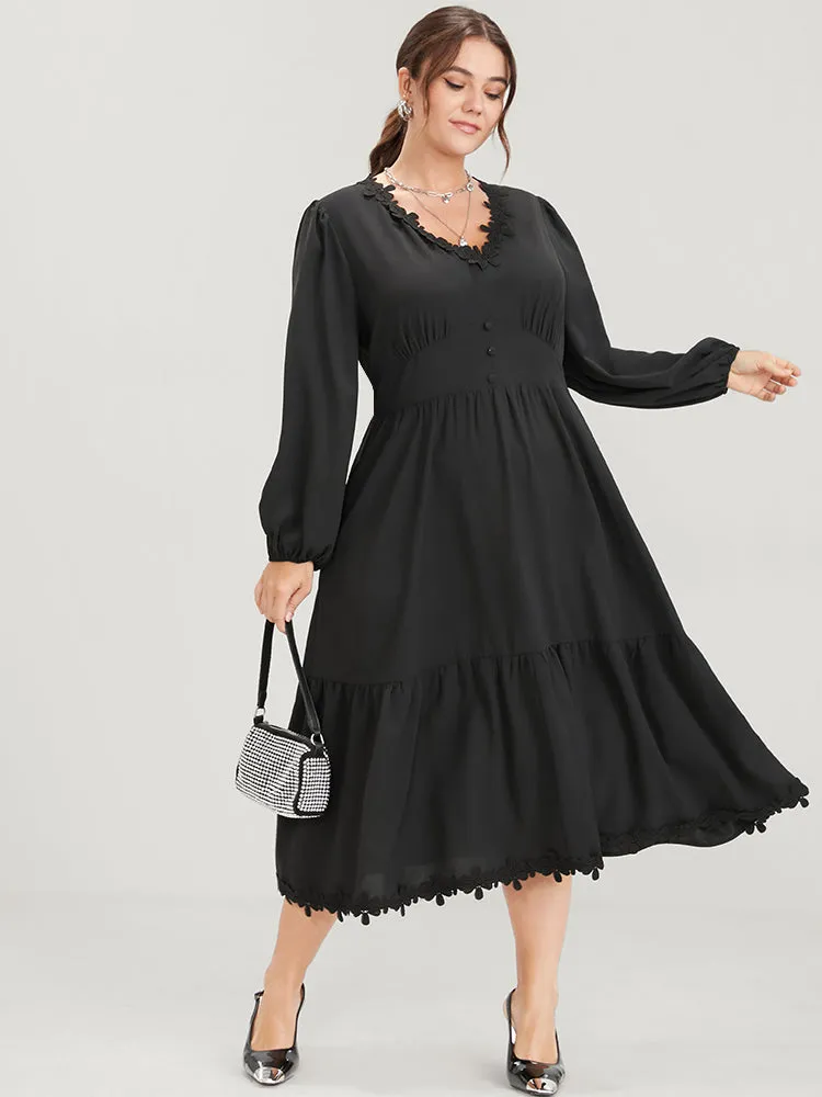 Solid Lace Patch Lantern Sleeve Pocket Button Ruffle Hem Dress sold by Bloomchic product image thumbnail 2