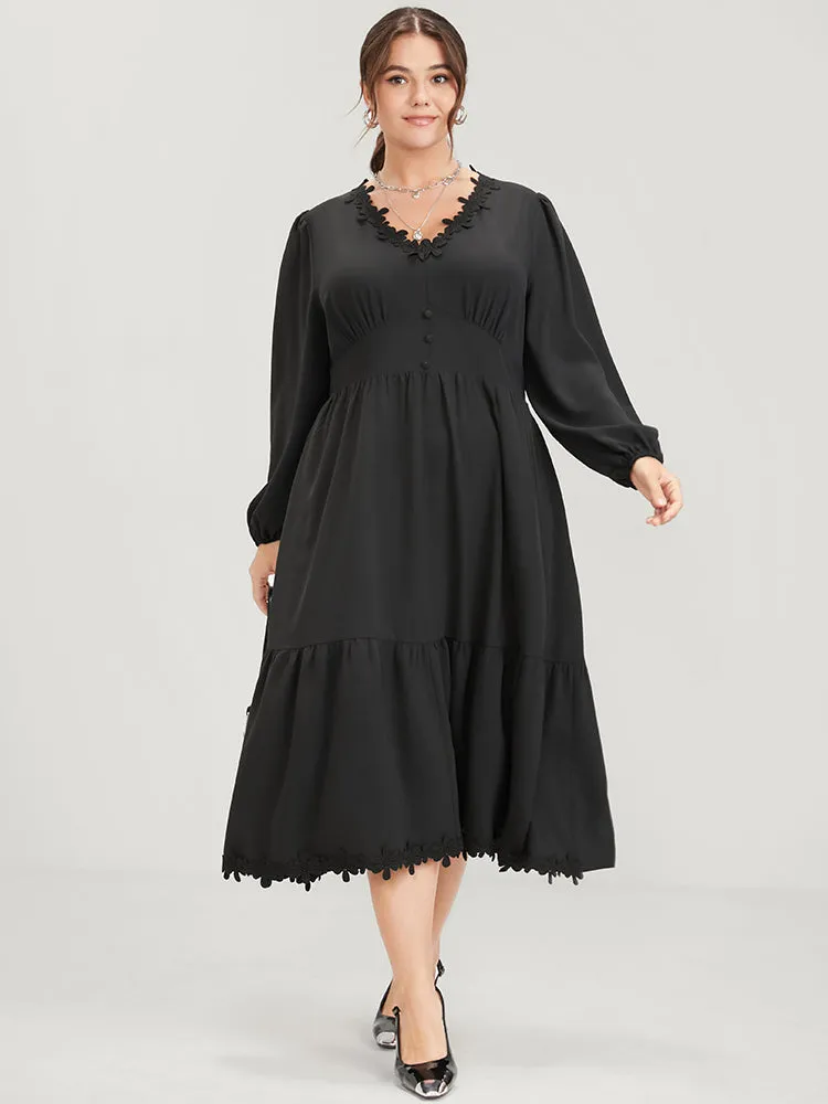 Solid Lace Patch Lantern Sleeve Pocket Button Ruffle Hem Dress sold by Bloomchic product image thumbnail 3