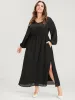 Plain Lantern Sleeve Pocket Ruffle Trim V Neck Split Dress sold by Bloomchic