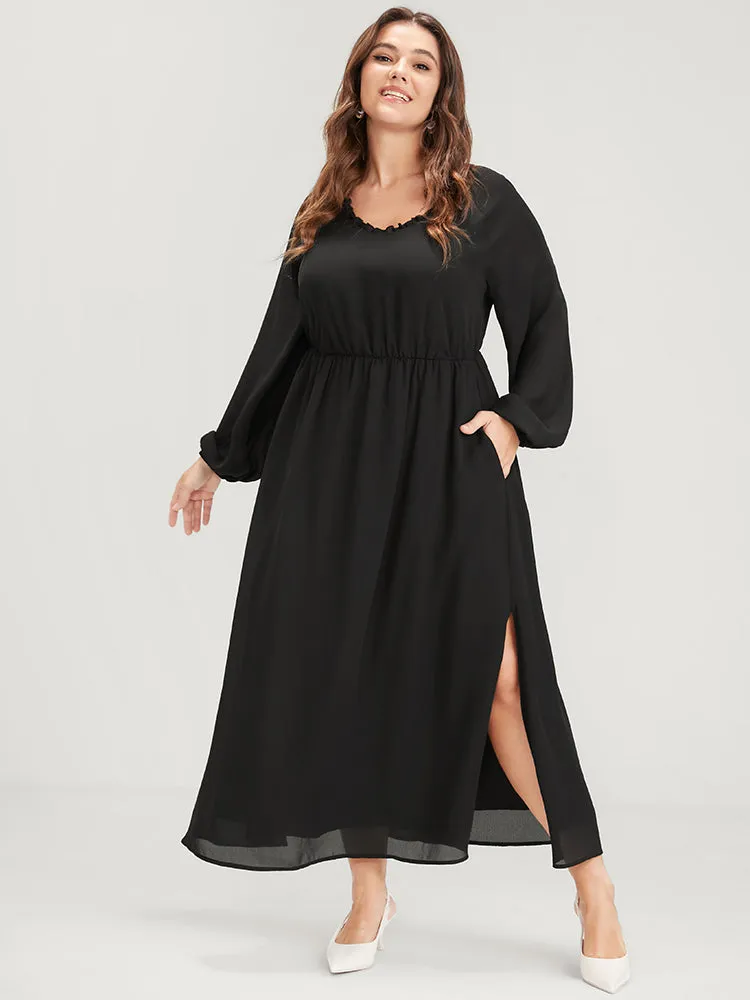 Plain Lantern Sleeve Pocket Ruffle Trim V Neck Split Dress sold by Bloomchic product image thumbnail 2