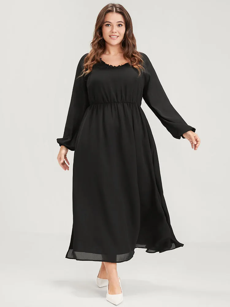 Plain Lantern Sleeve Pocket Ruffle Trim V Neck Split Dress sold by Bloomchic product image thumbnail 3