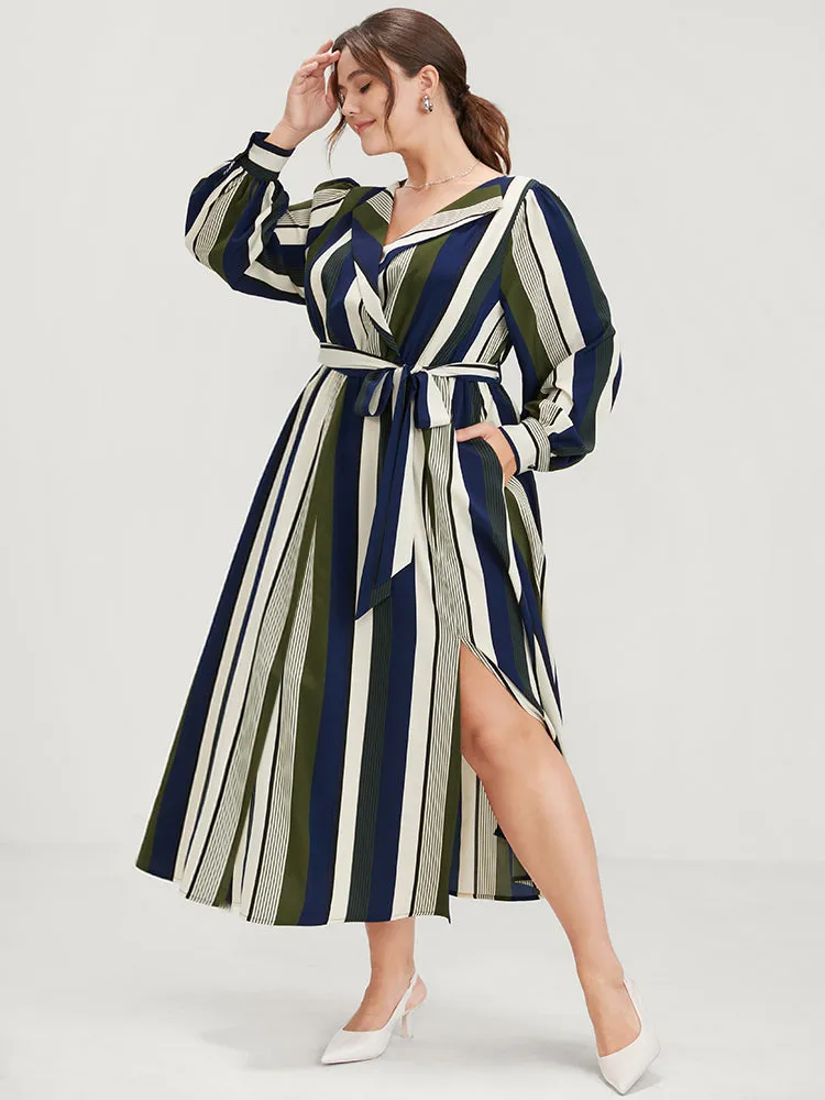 Striped Pocket Split Belted Lapel Collar Midi Dress sold by Bloomchic