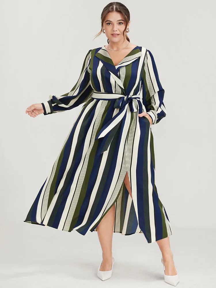 Striped Pocket Split Belted Lapel Collar Midi Dress sold by Bloomchic product image thumbnail 2