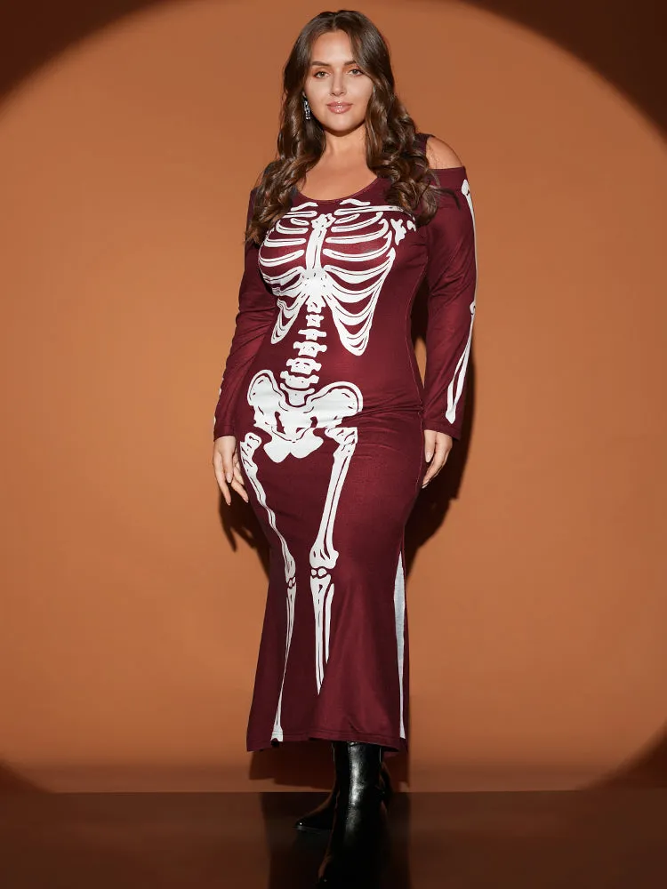 Halloween Skeleton Print Cold Shoulder Split Hem Maxi Dress sold by Bloomchic product image thumbnail 3
