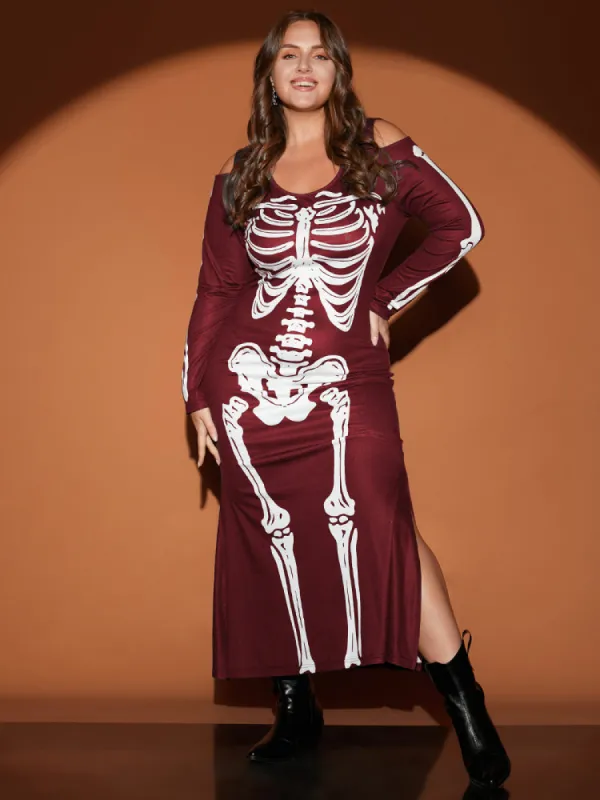 Halloween Skeleton Print Cold Shoulder Split Hem Maxi Dress sold by Bloomchic