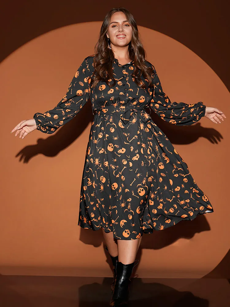 Halloween Print Shirt Collar Pocket Button Up Belted Flutter Dress sold by Bloomchic product image thumbnail 5
