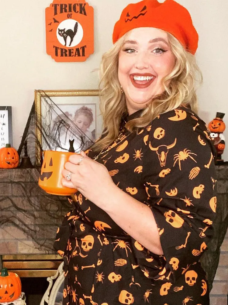 Halloween Print Shirt Collar Pocket Button Up Belted Flutter Dress sold by Bloomchic product image thumbnail 3