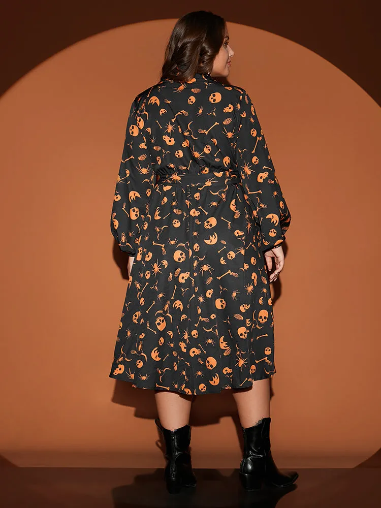 Halloween Print Shirt Collar Pocket Button Up Belted Flutter Dress sold by Bloomchic product image thumbnail 4