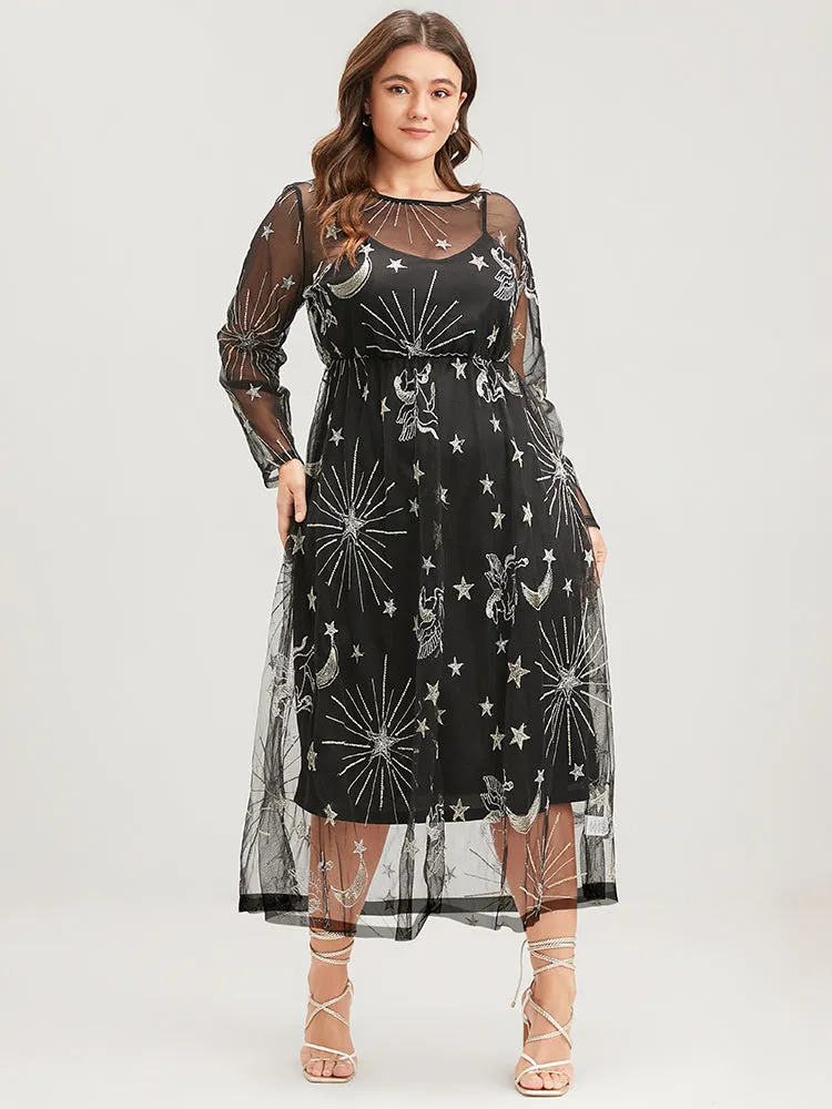 Halloween Moon And Star Elastic Waist Embroidered Mesh Midi Dress sold by Bloomchic product image thumbnail 2