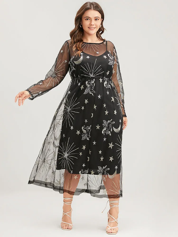 Halloween Moon And Star Elastic Waist Embroidered Mesh Midi Dress sold by Bloomchic product image thumbnail 3