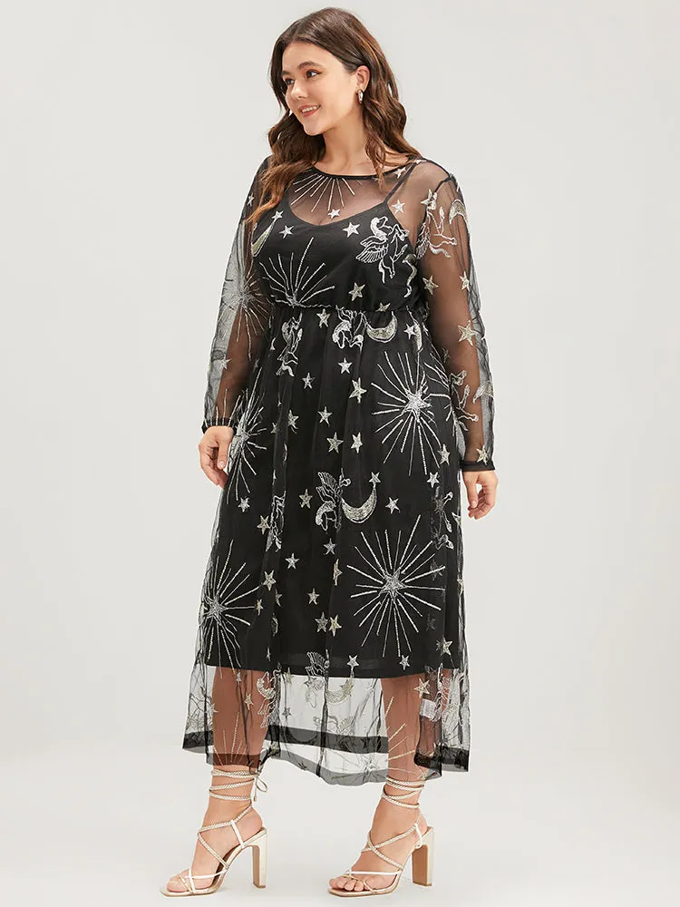Halloween Moon And Star Elastic Waist Embroidered Mesh Midi Dress sold by Bloomchic product image thumbnail 4